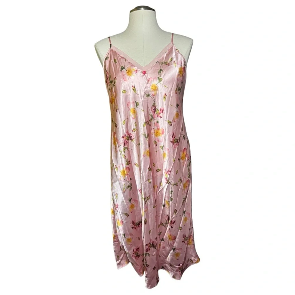 Cruz Pink Floral Satin Nightgown Slip Vintage Dress - Picture 8 of 9